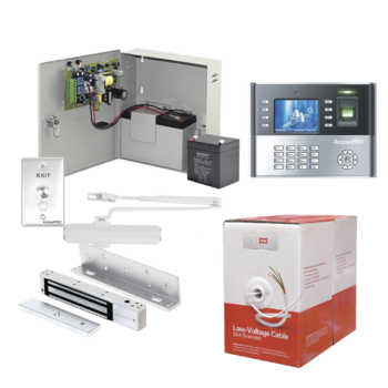 Sistema Completo de Acceso, Incluye Lector Biometrico ICLOCK990, Chapa magnética con bracket, Cierra puerta, Botón de Salida, Cable " Gratis ", y fuente profesional con Batería