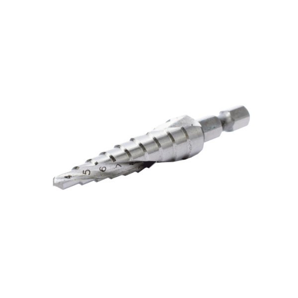 Broca escalonada espiral de hss 4-12 mm, zanco de 1/4" hexagonal, blister con una pieza.