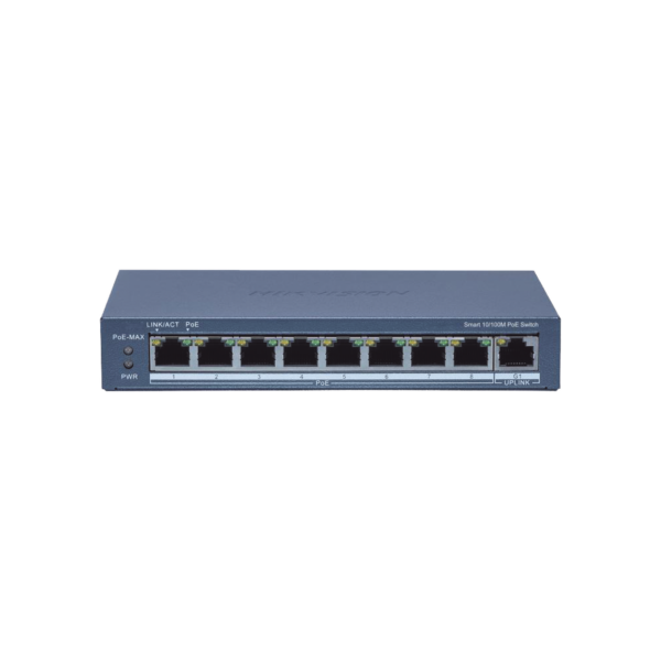 Switch Administrable PoE+ / 8 puertos 100 Mbps PoE+ / 1 puerto 1000 Mbps de Uplink / PoE hasta 300 Metros / Conexión Remota desde Hik-ParnerPro / 110 W
