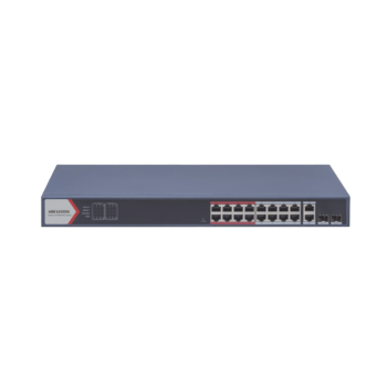 Switch Monitoreable PoE+ / 16 puertos 100 Mbps PoE+ / 2 Puertos 1000 Mbps Uplink + 2 Puertos SFP de Uplink / PoE hasta 300 Metros / Conexión Remota desde Hik-PartnerPro / 230 Watts