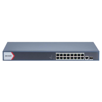 Switch Gigabit PoE+ / Administrable / 16 Puertos 1000 Mbps PoE+ / 1 Puerto 1000 Mbps de Uplink / 1 Puerto SFP /  Configuración Remota desde Hik-PartnerPro / Modo Extendido hasta 300 Metros / 130 Watts