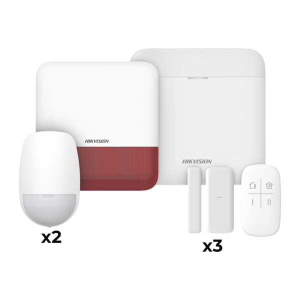 (AX PRO) KIT de Alarma AX PRO / Incluye: 1 Hub con batería de respaldo / 2 Sensores PIR / 3 Contactos Magnéticos mini / 1 Control Remoto / 1 Sirena Inalambrica Exterior color rojo  / WiFi / Compatible con Hik-Connect P2P