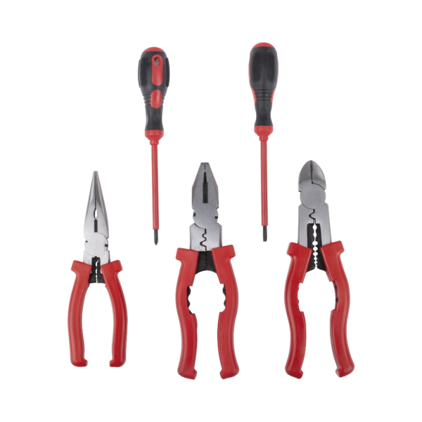 Kit de 3 Pinzas Aisladas + 2 Desarmadores Aislados de Electricista. Ideal para trabajos en Tableros Eléctricos.