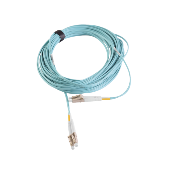 Jumper de Fibra Óptica Multimodo 50/125 XGLO OM3, LC-LC Duplex, OFNR, Color Aqua, 15 Metros