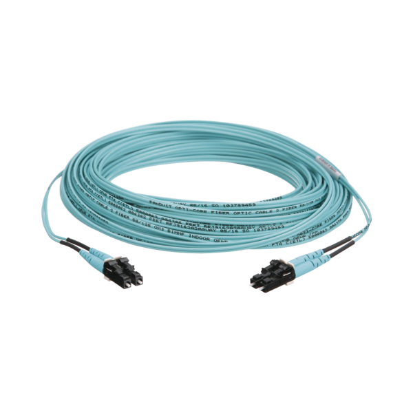 Jumper de Fibra Optica Multimodo 50/125 OM3, LC-LC Duplex, OFNR (Riser), Color Aqua, 30 Metros