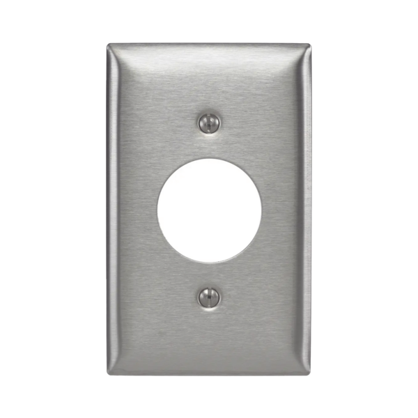 Placa para Receptáculo Sencillo de 15 y 20 A de Entrada Recta y  para Receptáculo de 15 A de Media Vuelta/ 1.4" (35.56 mm) / Acero Inoxidable.