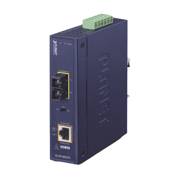 Convertidor de medios industrial PoE+ 1000BASE-LX a 10/100/1000BASE-T 802.3at (SC,SM) -20 km