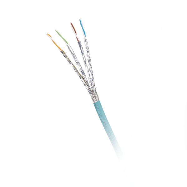 Bobina de Cable Blindado S/FTP Categoría 6A, Uso Industrial con Resistencia al Aceite, Rayos UV y Abrasión, Multifilar (Flexible), Color Azul Cerceta, Bobina de 500m