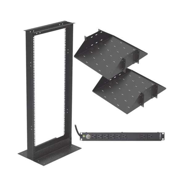Kit de Rack Estándar 19", 24 UR con 2 Charolas  y PDU (8 tomas). Ideal para UPS y Servidores tipo Torre.