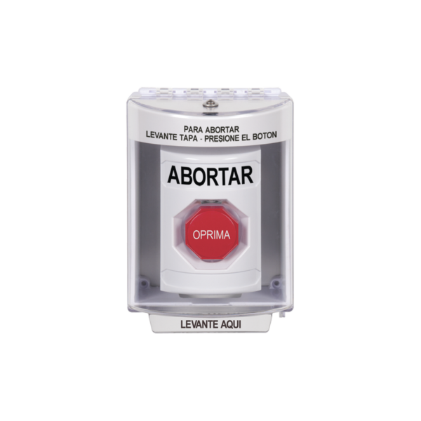 Botón de Abortar, Bocina de Advertencia Integrada, Texto en Español, Tapa Protectora de Policarbonato Súper Resistente con Espaciador, Restablecimiento con Llave