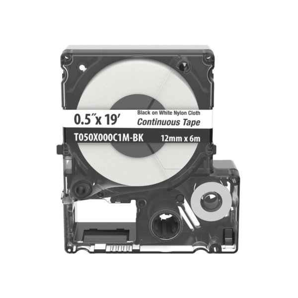 Casete de Etiquetas de Nylon de Cinta Continua, Color Negro Sobre Blanco, Uso Interior/Exterior, 12 (0.5 in) mm de Ancho x 6 Metros de Largo