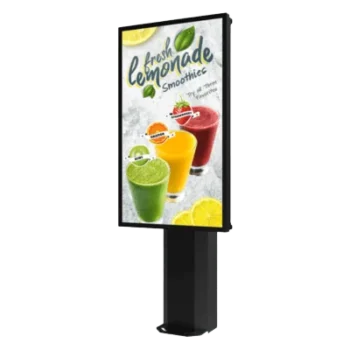 Kiosco exterior para pantalla 55" / IP65 / UL 48 / Base pedestal 8' / Rotación 30° / Diseño ultradelgado