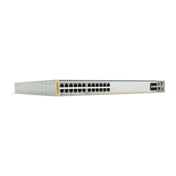 Switch PoE+ Stackeable Capa 3, 24 puertos 10/100/1000 Mbps + 4 puertos SFP+ 10 G y dos bahías hotswap PSU