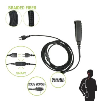 Cable para Micrófono Audífono / Conector Snap Intercambiable / 2 Pines Icom / Cable Trenzado de Fibra / Clip Metálico con PTT 360°