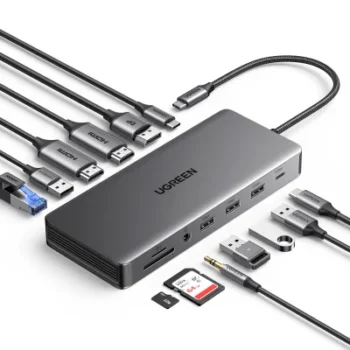 Docking Station USB-C 12 en 1 / 2 HDMI 4K@60Hz + DisplayPort 4K@60Hz / 6 Puertos USB 3.2/3.0 / Gigabit Ethernet / Lector SD/TF / Audio 3.5mm / PD 100W / Triple Pantalla