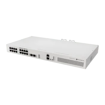 Switch Rackmount / 16 Puertos Gigabit / 8 Puertos PoE 802.3af/at 150W / 2 Puertos SFP+ 10G / CPU Quad-Core 2.2 GHz ARM / RouterOS v7 / L3 HW Offloading / Alimentación Dual Redundante / USB 3.0
