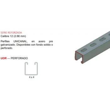 Unicanal Perforado / 4 x 4 cm / 3 m (9.84 ft) / Calibre 12 / Acero Pregalvanizado