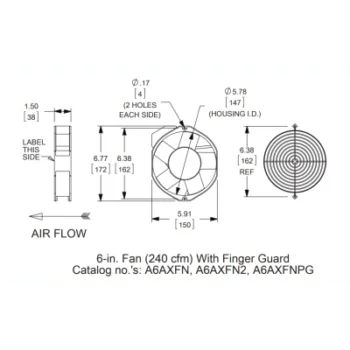 Ventilador Axial Compacto / 6 Pulgadas (152 mm) / 115 VAC / 102 CFM (173 m³/h) / 50,000 Horas / Operación Silenciosa / IP para Gabinetes