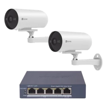 Kit de Videovigilancia PoE / 2 Cámaras IP 3 Megapixel / Switch 4 Puertos PoE+ Gigabit / Visión Nocturna a Color / IP67 / Audio Bidireccional / Luz y Sirena