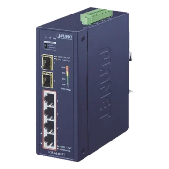 Switch PoE+ Industrial / 4 Puertos Gigabit PoE+ 802.3at / 2 SFP 1000X / IP40 / -40°C a 75°C / 130.6W / 12-56VDC