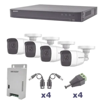 Kit TurboHD / DVR 4 Canales Pentahíbrido / 4 Cámaras Bala 1080p / Audio por Coaxitron / IR 20 m (65.6 ft) / Fuente de Poder Regulada Multivoltaje