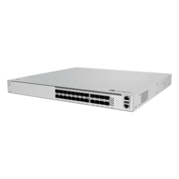 Switch Core Capa 3 / 16 puertos SFP 10 Gbps + 8 puertos SFP28 25 Gbps / Conmutación 1,120 Gbit/s / Reenvío 833 Mpps / iStack sin licenciamiento / Ruteo dinámico RIP/OSPF/BGP/IS-IS / Fuente AC/DC intercambiable / 1U