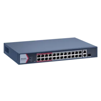 Switch Gigabit PoE+ / Monitoreable / 24 Puertos 1000 Mbps PoE+ / 1 Puerto 1000 Mbps de Uplink / 1 Puerto SFP / Configuración Nube desde Hik-PartnerPro / Modo Extendido hasta 300 Metros / 230 Watts