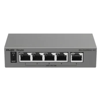Switch Capa 2 Gestionado en la Nube / 5 Puertos Gigabit / Switching 10 Gbps / Forwarding 7.44 Mpps / Diseño sin Ventilador / Protección 6 kV / Modo CCTV de un Clic / 32 VLANs / Gabinete Metálico / Ruijie Cloud