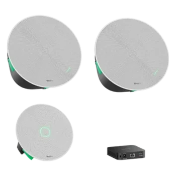 Kit de Audio para Videoconferencia / Micrófono de Techo con 16 Cápsulas / Altavoces de Techo / Switch PoE Integrado / Cobertura Extendida para Salas Medianas y Grandes