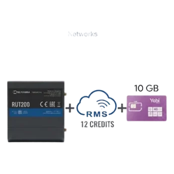 Router Teltonika LTE/4G RUT200 + 12 creditos RMS + SIM de YOBI de 10GB por Mes durante un año de servicio (solo datos)