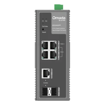 Switch Industrial Easy Managed / 6 Puertos Gigabit / 4 PoE (1× PoE++ 60W + 3× PoE+ 30W) / 120W PoE Budget / 2 SFP / IP40 / -40°C a 75°C / 6kV Protección Rayos / DIN-Rail