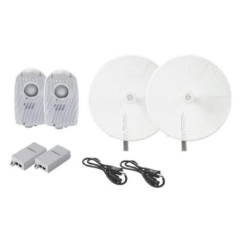 Kit de 2 radios B5X con antenasTXPD34B5X de (34 dBi), rango de frecuencia extendida (4.9 a 6.4 GHz), incluye inyector POE, cable de alimentación y para alineación, distancia de hasta 40 km