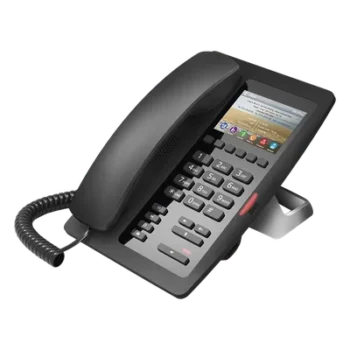 Teléfono IP Hotelero / Pantalla LCD Color 3.5" / 2 Líneas SIP / 6 Teclas Hotline / Puerto USB Carga / PoE 802.3af / Personalización Logo Hotel