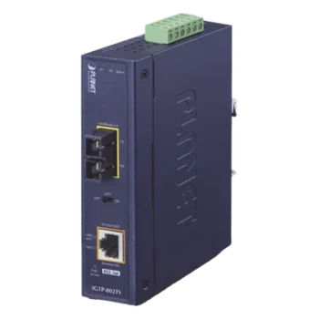 Convertidor de Medios Industrial PoE+ / 1000BASE-LX a 10/100/1000BASE-T / 802.3at / SC Monomodo / 20 km / -40 a 75 °C / IP30 DIN