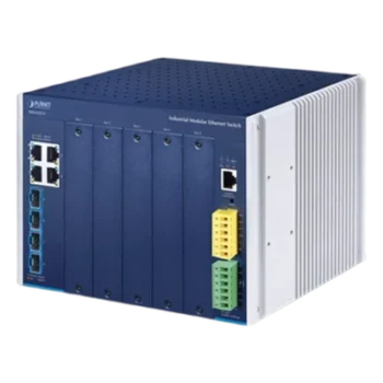 Switch Modular Industrial Capa 3 / 5 Slots / 4 Puertos Gigabit RJ45 / 4 Puertos SFP+ 10G / Rango -40~75°C / Entrada 12-48V / IPv6/IPv4