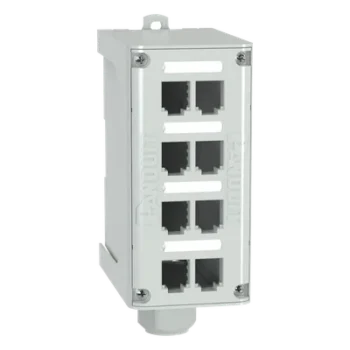 Panel de Parcheo Modular para Fibra Óptica, de Instalación en Riel DIN Estándar de 35mm, 8 Puertos Mini-Com, Color Gris