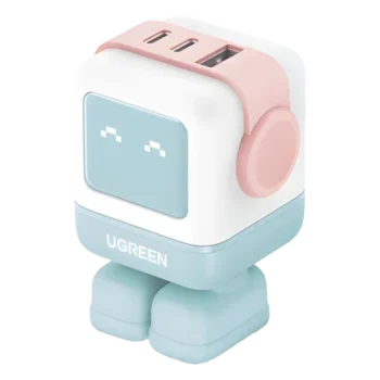 Cargador RobotGaN de 65W Serie UNO | 3 Puertos de Carga Rápida | 2 USB-C | 1 USB-A | PD 3.0 | QC 4.0 | Carga Inteligente | Tecnología GaN II | Zapato Magnético Extraíble | Carcasa Ignifuga | Pantalla LED.
