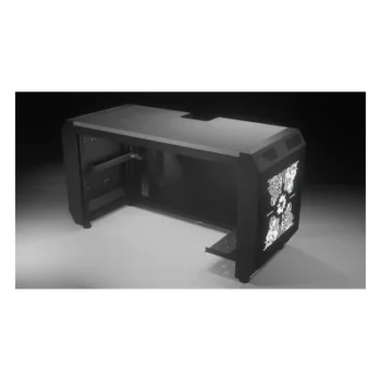 Consola Profesional para Monitoreo y Cómputo / Acero Laminado y Madera / Ranura para Base de Monitores / Tomacorriente 15A / Iluminación LED / 1.64 ft (0.5 m) de Profundidad