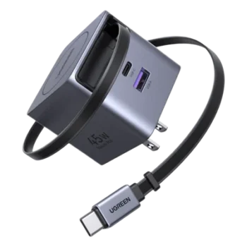 Cargador Rápido / 45W GaN / Cable Retráctil 0.7 m (2.3 ft) / 3 Puertos / Eficiencia 95% / Protección 8 Capas / 100-240V AC