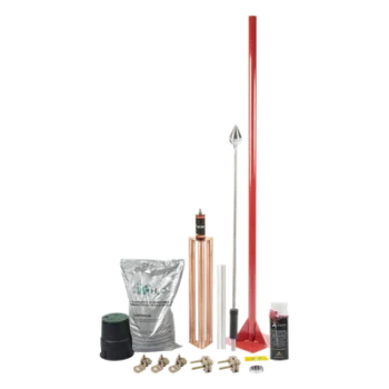 Kit Pararrayos / Protección 80 m (262.5 ft) de Diámetro / Punta con Mástil 1.2 m (3.9 ft) / Electrodo 100A / Mejorador de Suelo H2OHM / Conectores de Bronce / Aluminio Magnetoactivo