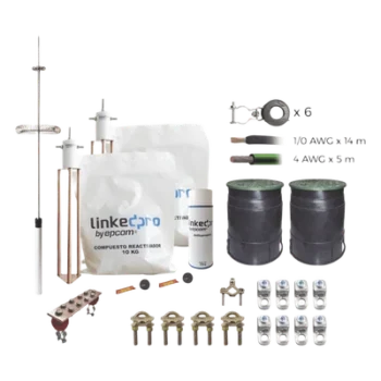 Kit de Protección Contra Rayos / Torre 9 m (29.5 ft) / Electrodo de Cobre Electrolítico / Pararrayos de Aluminio con Ionización / Filtro Equipotencial / Compuesto Reactivador