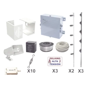 Kit de Cerco Eléctrico Perimetral / 25 m (82 ft) / 12,000V / Consumo 1.2 kW/mes / Tecnología SMT / Respaldo con Batería