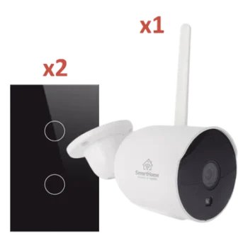 Kit Domótica WiFi / 1 Cámara + 2 Apagadores Triple / 2.4 GHz / 120mm x 72mm / Vidrio Templado / 100-250V