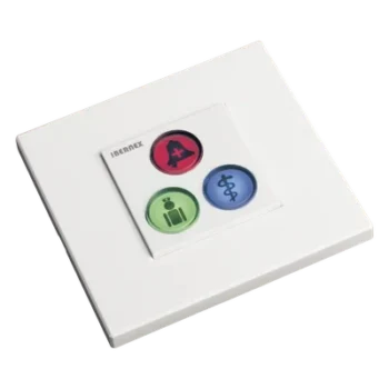 Módulo de Botones para Llamada Paciente-Enfermera / 3 Teclas Iluminadas / Lector RFID 125 KHz / BUS RS485 / Instalación Empotrada 2x2 pulgadas o Superficie
