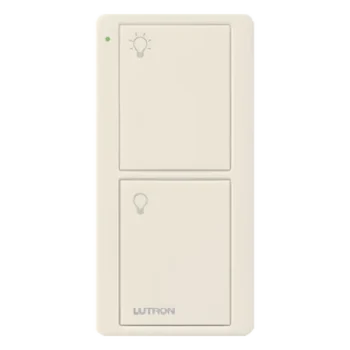 Control Inalámbrico RF / 2 Botones On/Off / Alcance 9 m (30 ft) / Integración con Atenuadores y Hubs / Montaje en Pared o Portátil / Acabado Gloss Light Almond