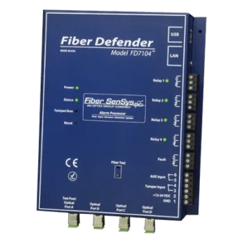 Sensor de Seguridad Perimetral por Fibra Óptica / 4 zonas independientes / 800 m (2,625 pies) máximo por zona / IP66 / Sin componentes activos en campo