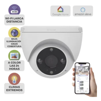Cámara Domo IP / 3 Megapixel (2K) / Wi-Fi / Visión Nocturna Color 30 m (98.4 ft) / Detección Humana y Vehículo / IP67 / Audio Bidireccional / Ranura Micro SD 512 GB