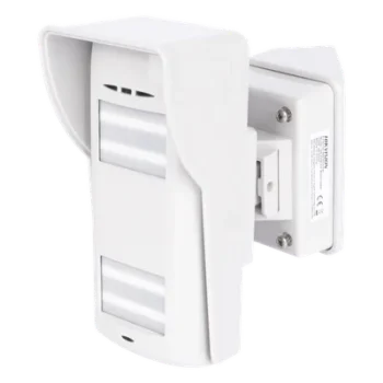 Detector Dual-Tech Inalámbrico para Exterior / Microondas + 2 PIR / Inmunidad Mascotas 35 kg / Montaje Ajustable ±45° / Cobertura 90° con Adaptador / 2 Baterías Litio 3V 4700 mAh