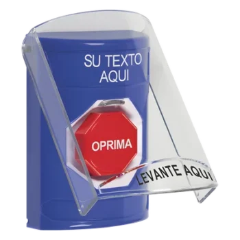 Botón de emergencia con tapa protectora / Restablecimiento con llave / Texto personalizable 2 líneas / LED opcional R/G/B / Montaje en superficie