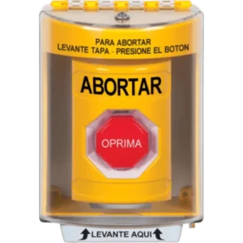Botón de Abortar, Texto en Español, Tapa Protectora de Policarbonato Súper Resistente, Momentáneo